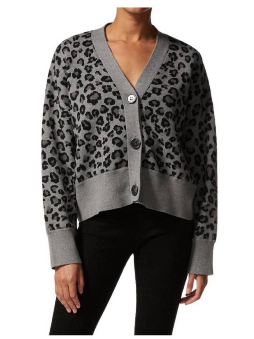 MONROW oversized cotton cashmere leopard cardigan in heather grey size L